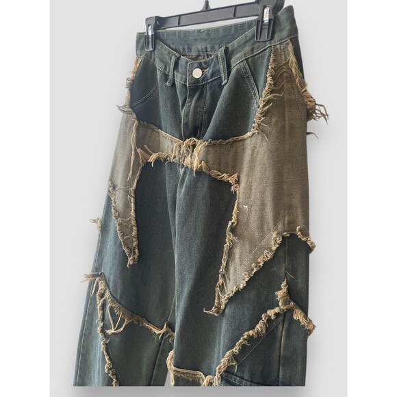 Romwe Punk Star Pattern Raw Trim Flap Pocket Cargo Boyfriend Jeans Denim Small - Picture 6 of 9